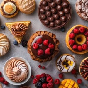 Various Desserts That Are Full On The Table From The Top View, Cakes, Donuts, And Sweets, Fruit, Delicious Bakery Background Зображення — огляд 27 Стокові фото, векторні зображення й відео
